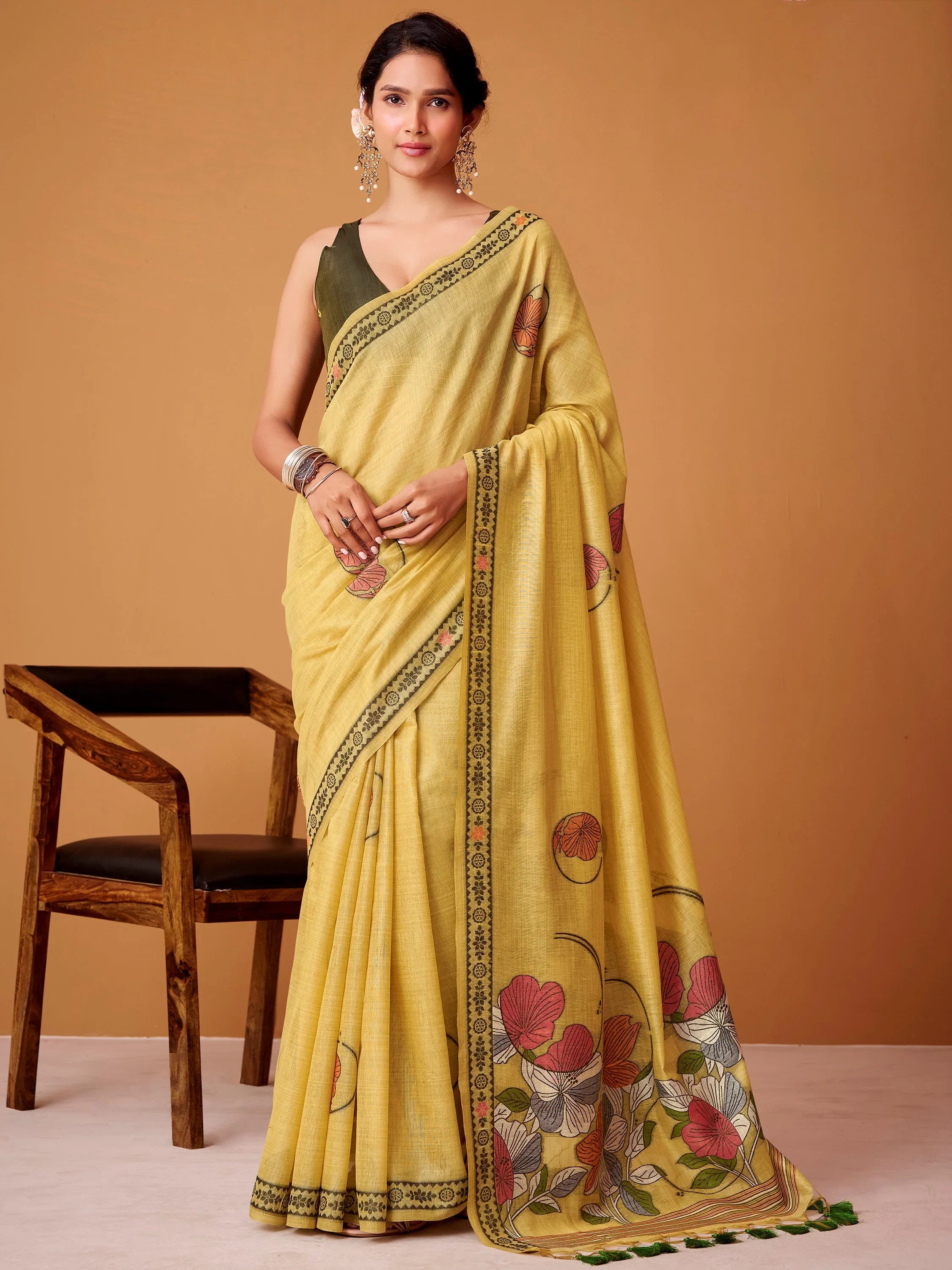 Amazing Yellow Floral Printed Cotton Office Wear Saree With Blouse