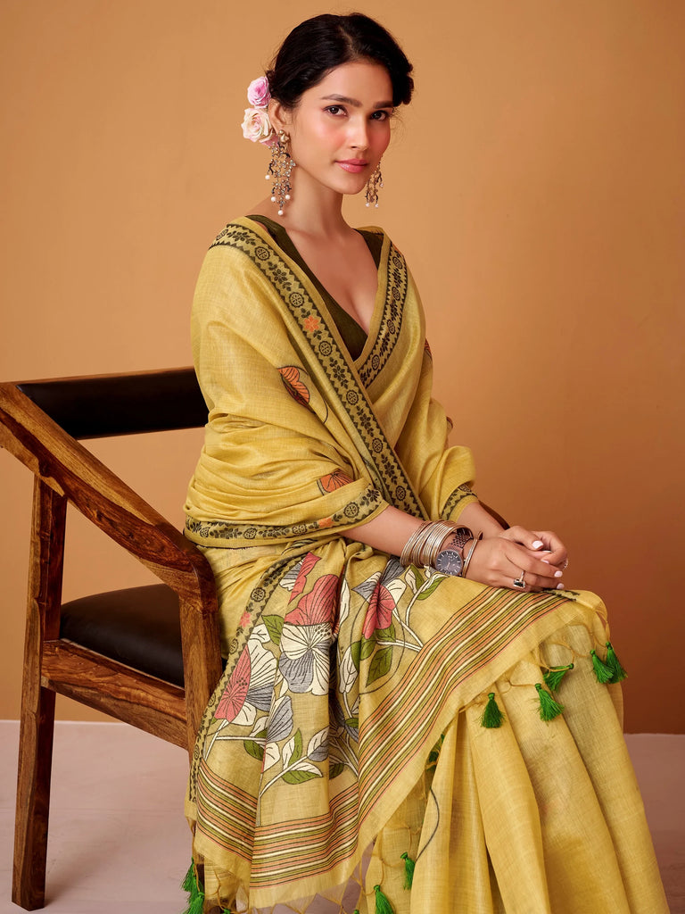 Amazing Yellow Floral Printed Cotton Office Wear Saree With Blouse