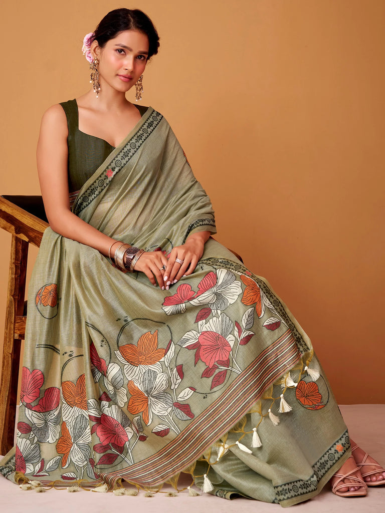 Beautiful Green Floral Printed Cotton Festival Wear Saree With Blouse