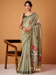 Beautiful Green Floral Printed Cotton Festival Wear Saree With Blouse