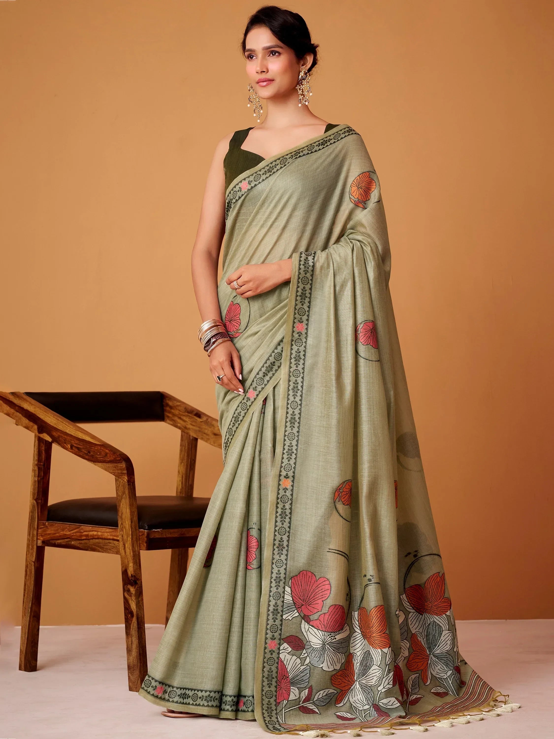 Beautiful Green Floral Printed Cotton Festival Wear Saree With Blouse