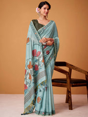 Charming Sky Blue Floral Printed Cotton Casual Wear Saree With Blouse