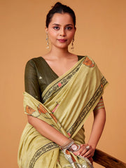 Dazzling Green Floral Printed Cotton Festival Wear Saree With Blouse