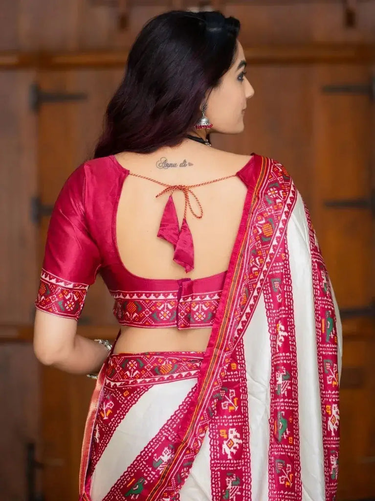Outstanding Pink And White Patola Printed Pure Gaji Silk Saree