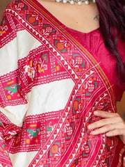 Outstanding Pink And White Patola Printed Pure Gaji Silk Saree
