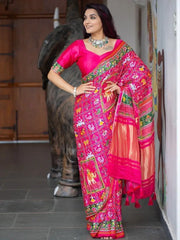 Elegant Dark Pink Patola Printed Pure Gaji Silk Saree With Blouse