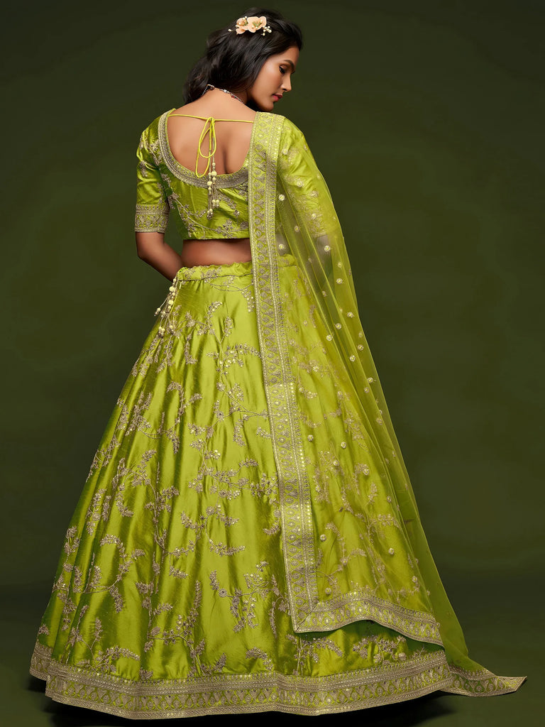 Neon Green Thread Embroidery Art Silk Wedding Wear Lehenga Choli
