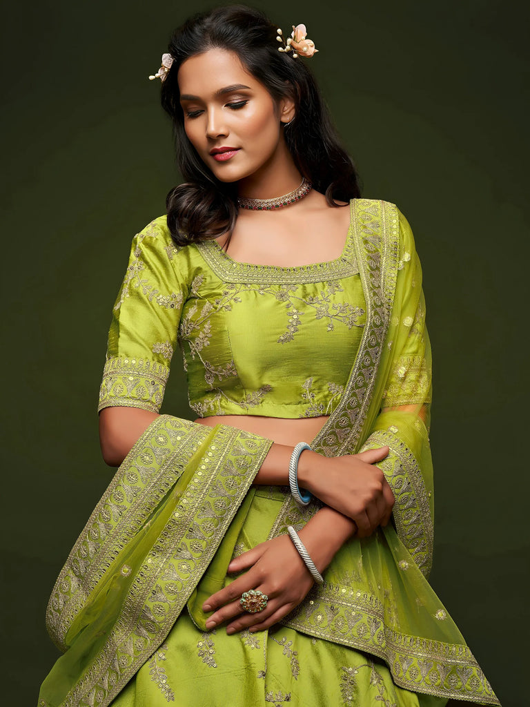 Neon Green Thread Embroidery Art Silk Wedding Wear Lehenga Choli