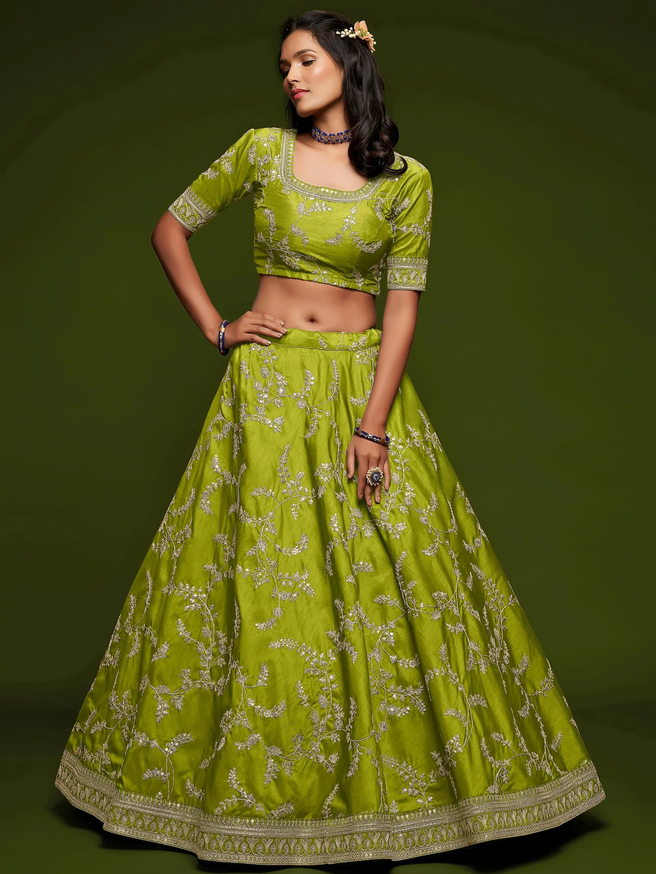 Neon Green Thread Embroidery Art Silk Wedding Wear Lehenga Choli
