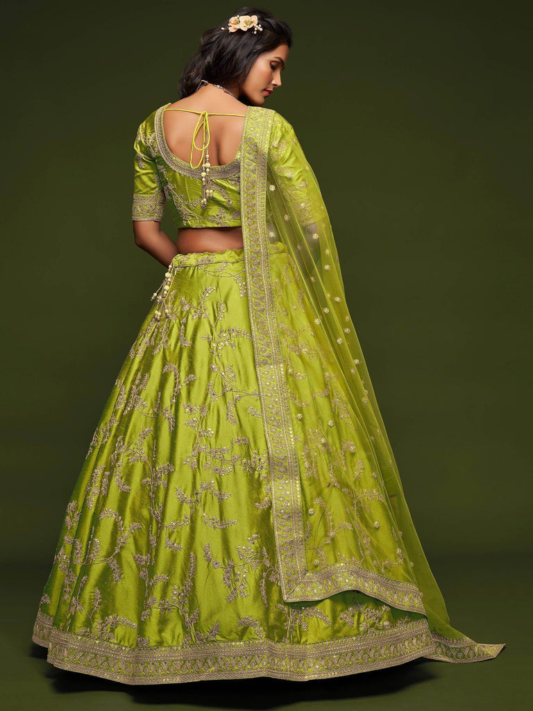 Neon Green Thread Embroidery Art Silk Wedding Wear Lehenga Choli