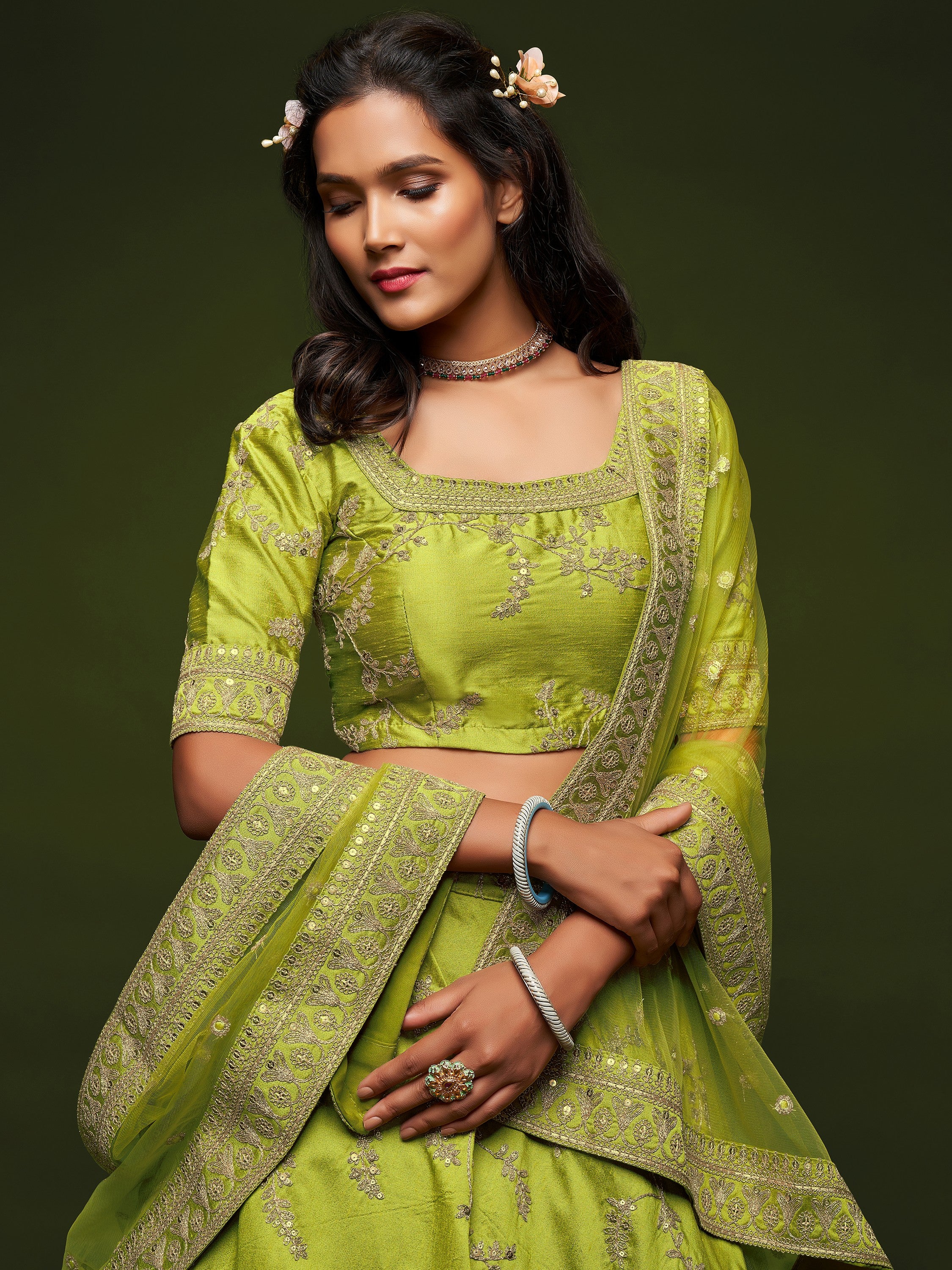 Glamorous Green Embroidered Silk Designer Plus Size Lehenga Choli