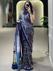 Astonishing Blue Digital Print Gajji Silk Marriage Wear Saree With Blouse