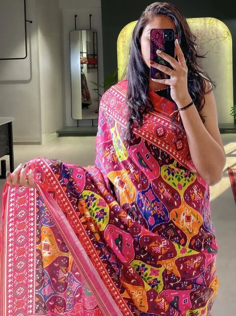 Wonderful Multi-colored Patola Print Gajji Silk Marriage Wear Saree