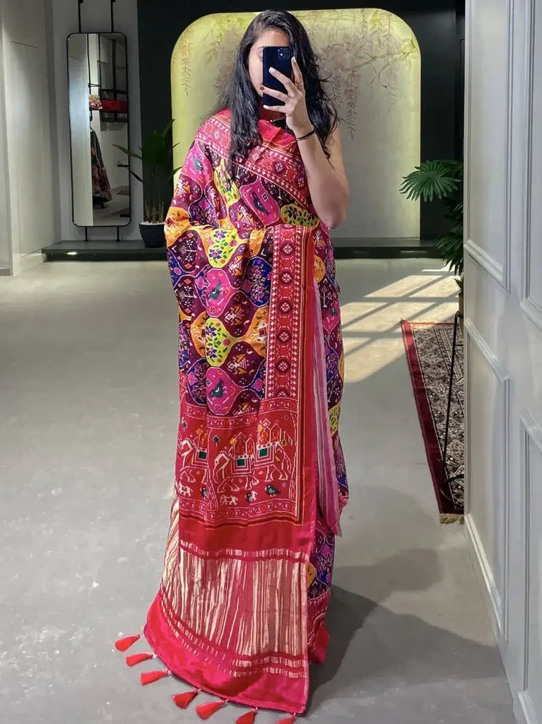 Wonderful Multi-colored Patola Print Gajji Silk Marriage Wear Saree