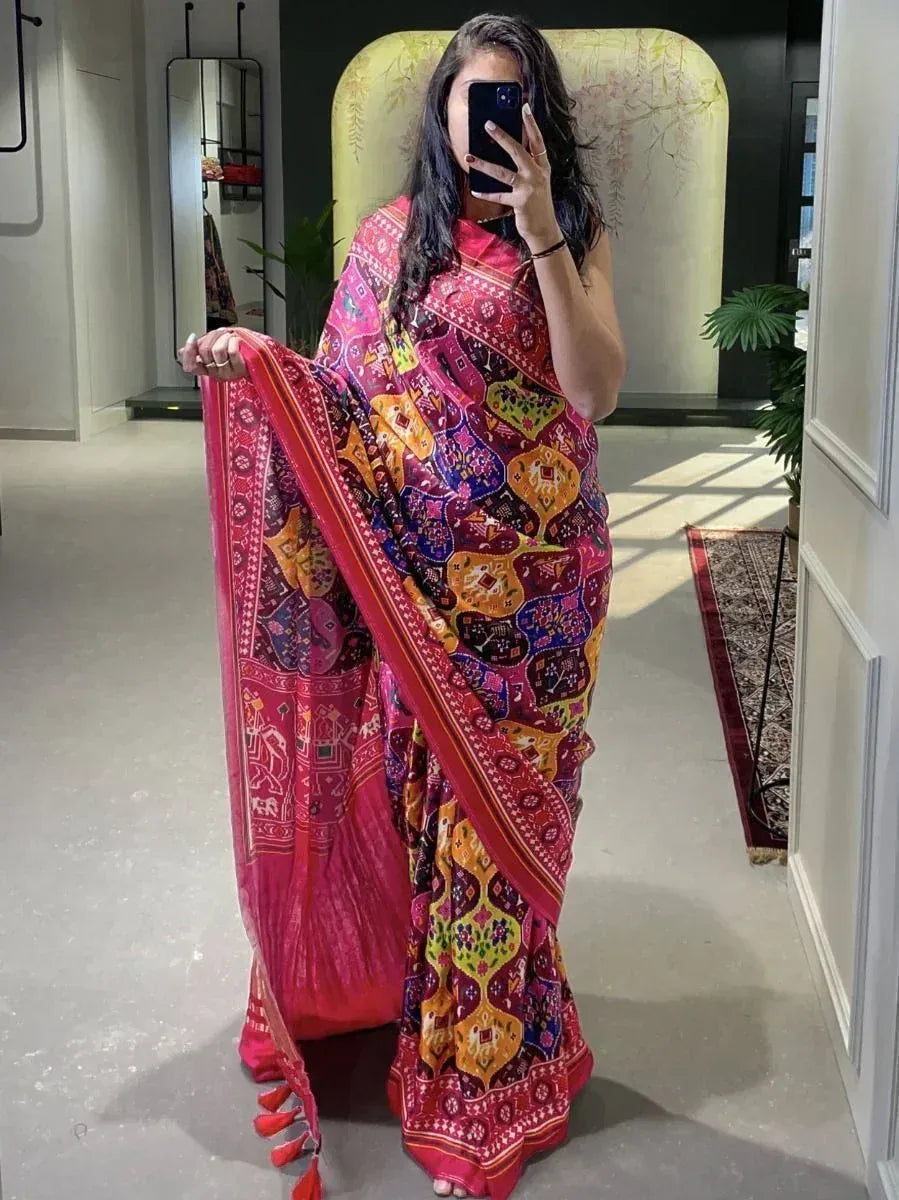 Wonderful Multi-colored Patola Print Gajji Silk Marriage Wear Saree