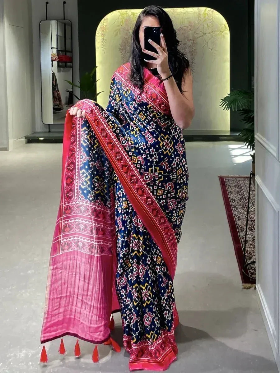 Spectacular Navy-Blue Patola Gajji silk Marriage Wear Saree With Blouse