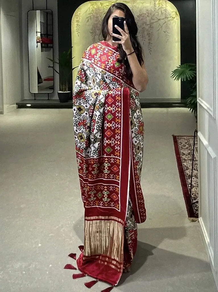 Wondrous White Patola Print Gajji Silk Marriage Wear Saree With Blouse