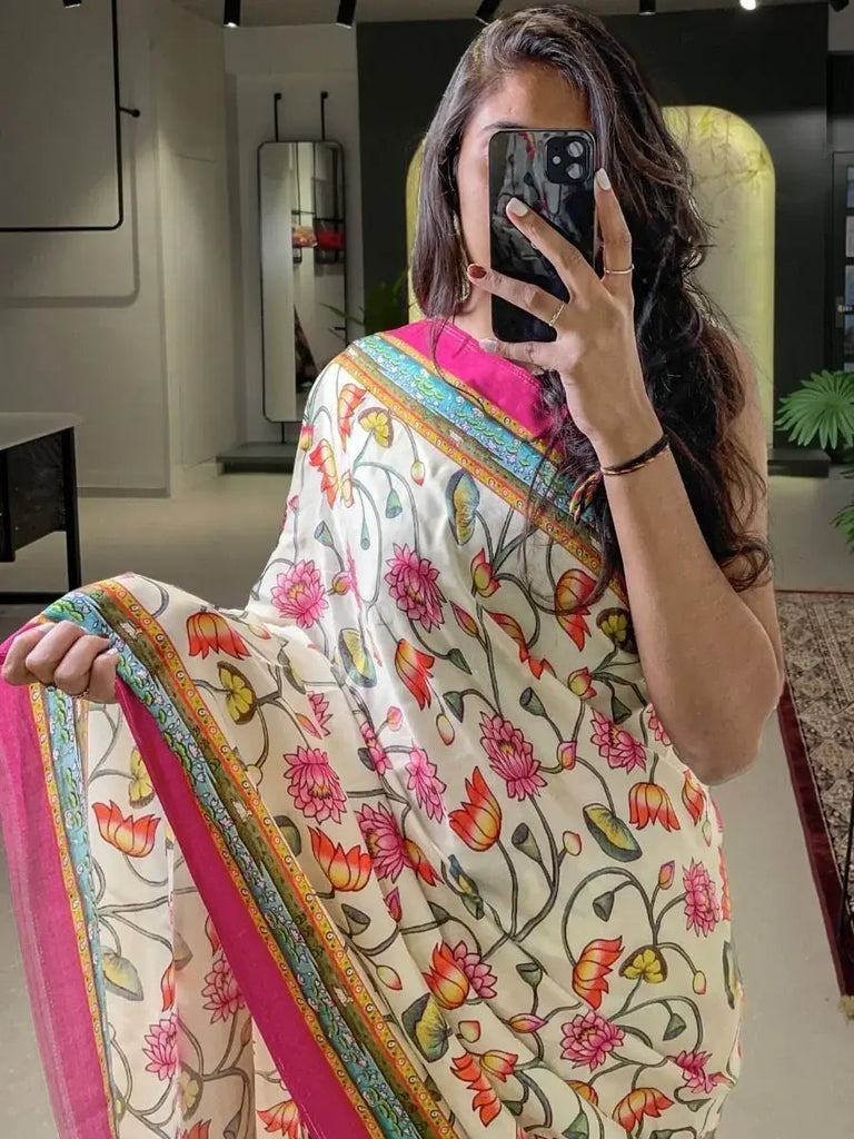 Outstanding White Pichwai Print Gajji silk Marriage Wear Saree With Blouse