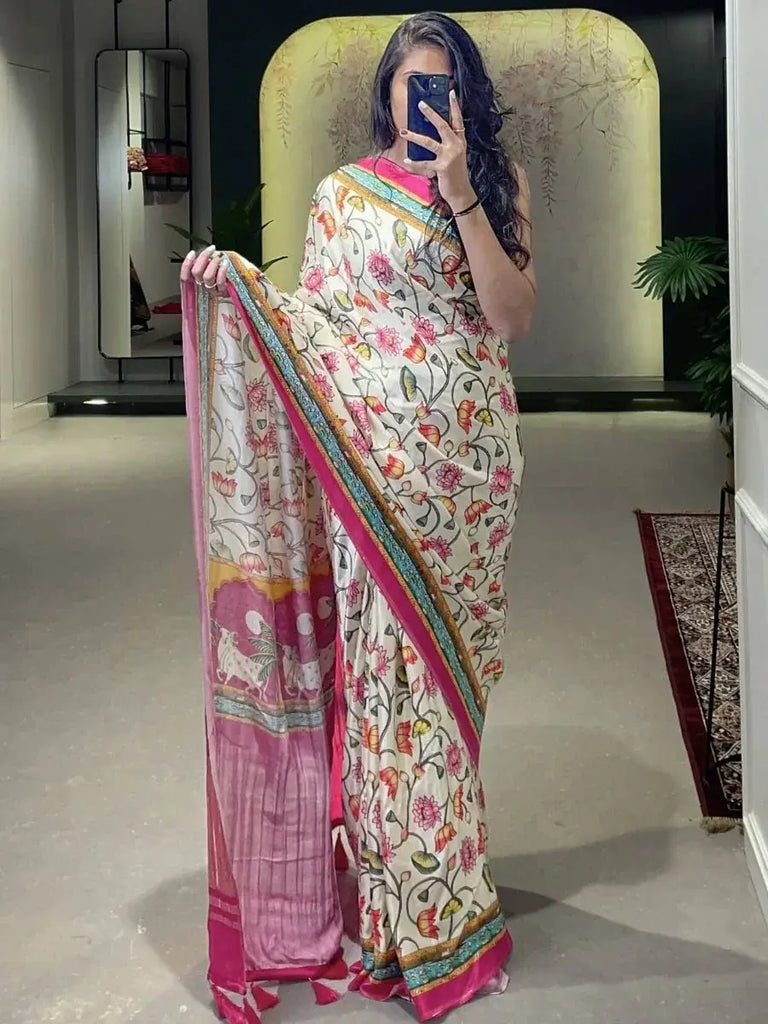 Outstanding White Pichwai Print Gajji silk Marriage Wear Saree With Blouse