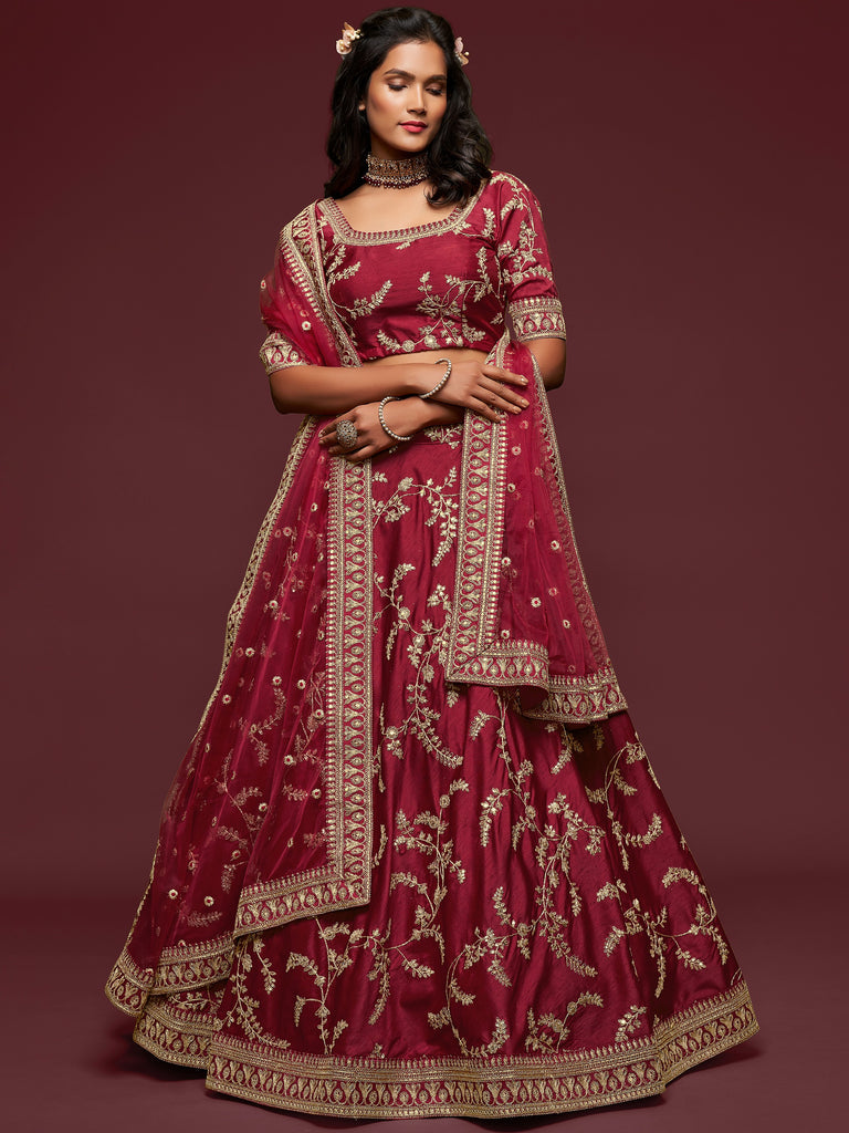 Gorgeous Maroon Embroidered Silk Wedding Wear Plus Size Lehenga Choli