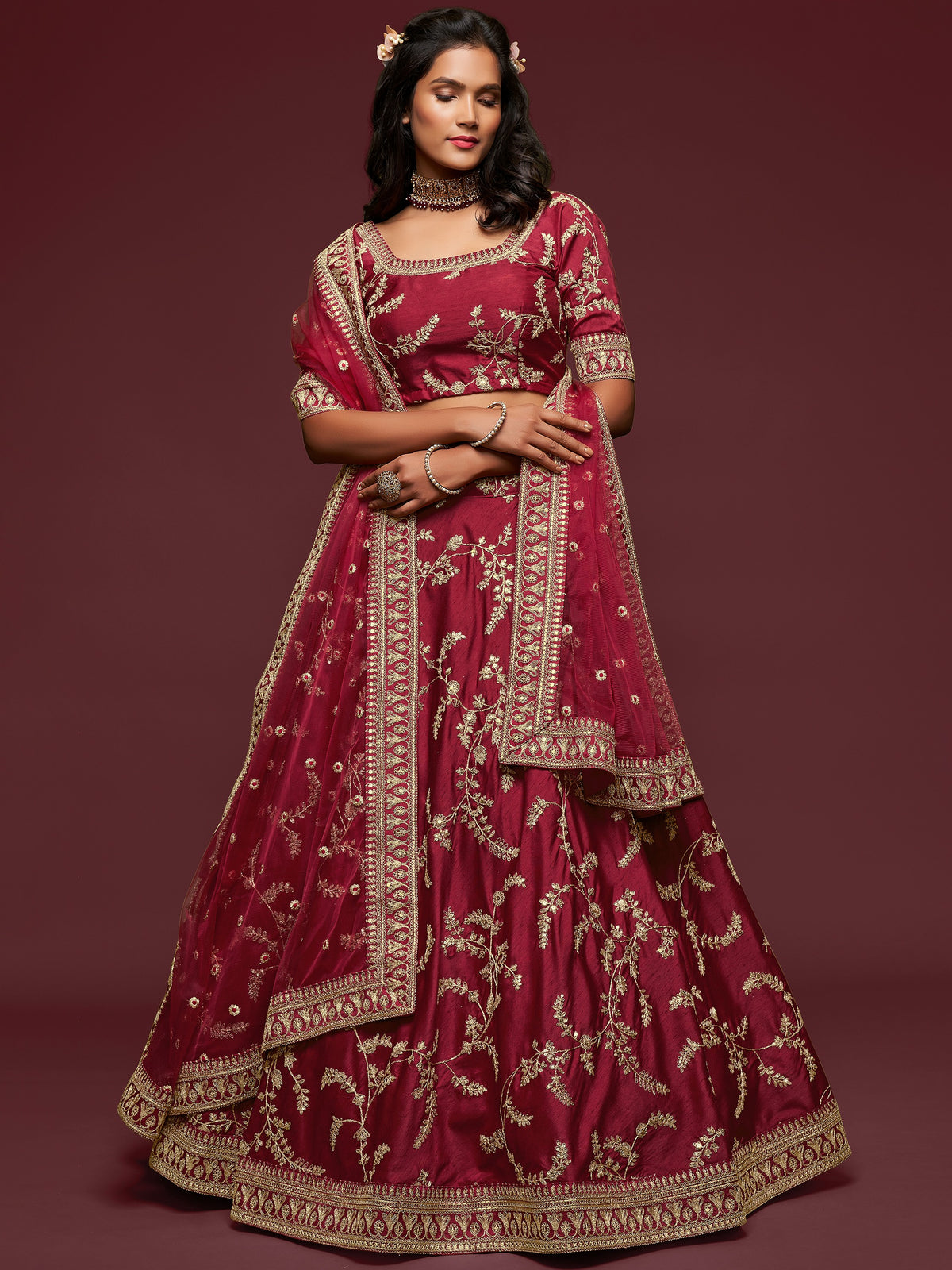 Gorgeous Maroon Embroidered Silk Wedding Wear Plus Size Lehenga Choli
