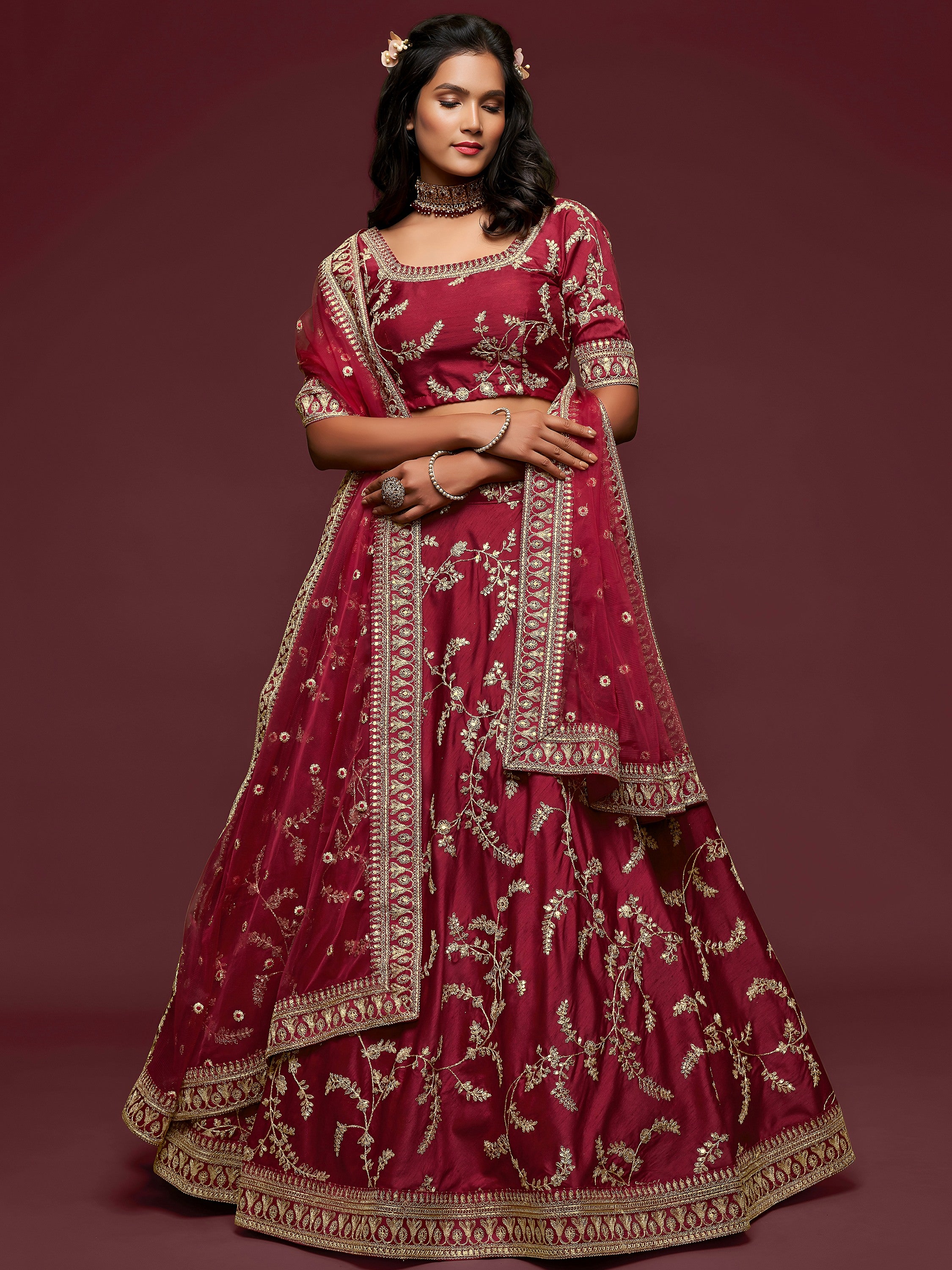 Gorgeous Maroon Embroidered Silk Wedding Wear Plus Size Lehenga Choli