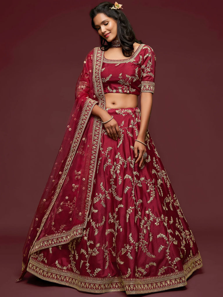 Maroon Thread Embroidery Art Silk Wedding Wear Lehenga Choli