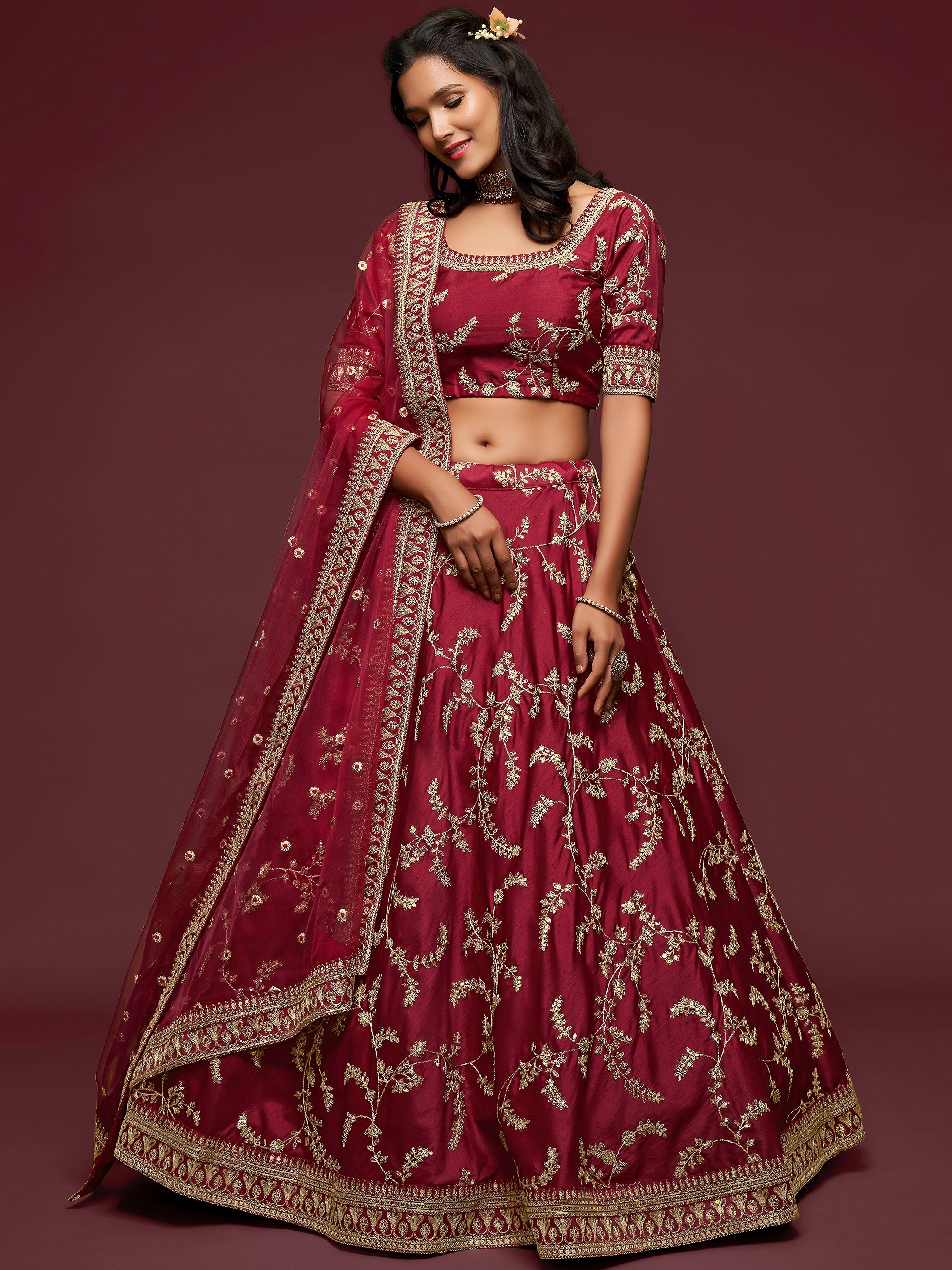 Gorgeous Maroon Embroidered Silk Wedding Wear Plus Size Lehenga Choli