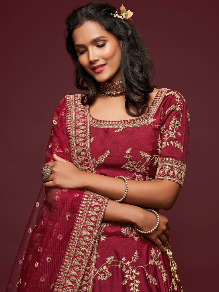 Gorgeous Maroon Embroidered Silk Wedding Wear Plus Size Lehenga Choli