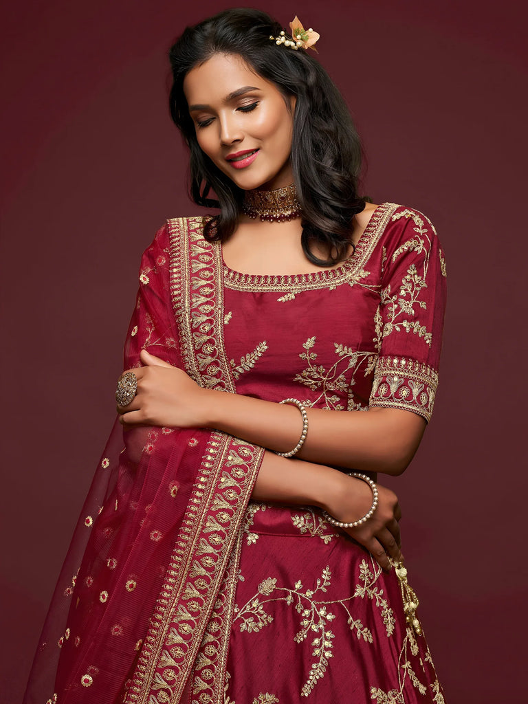 Maroon Thread Embroidery Art Silk Wedding Wear Lehenga Choli