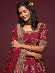 Maroon Thread Embroidery Art Silk Wedding Wear Lehenga Choli