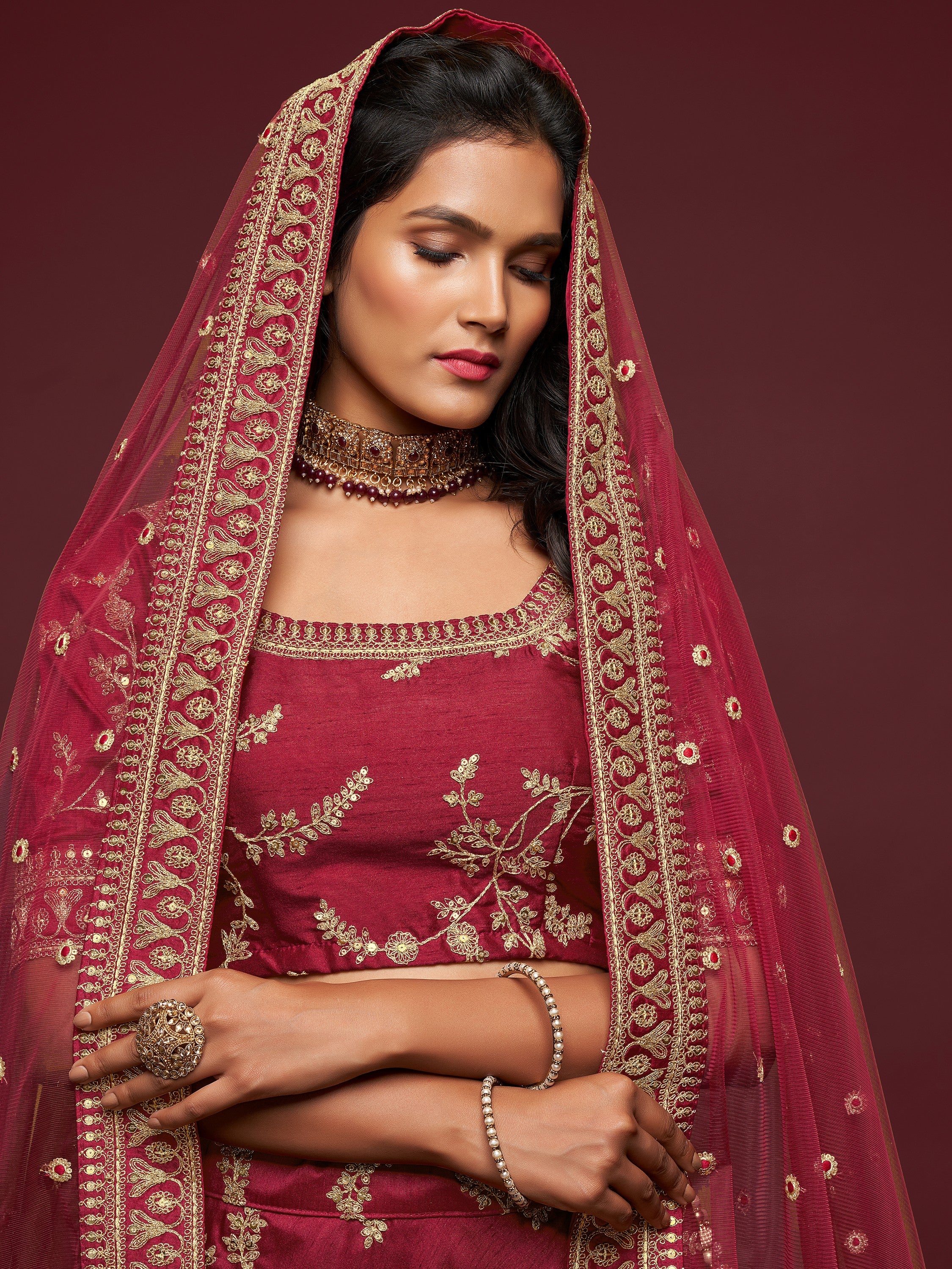 Gorgeous Maroon Embroidered Silk Wedding Wear Plus Size Lehenga Choli