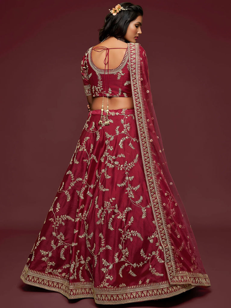 Maroon Thread Embroidery Art Silk Wedding Wear Lehenga Choli