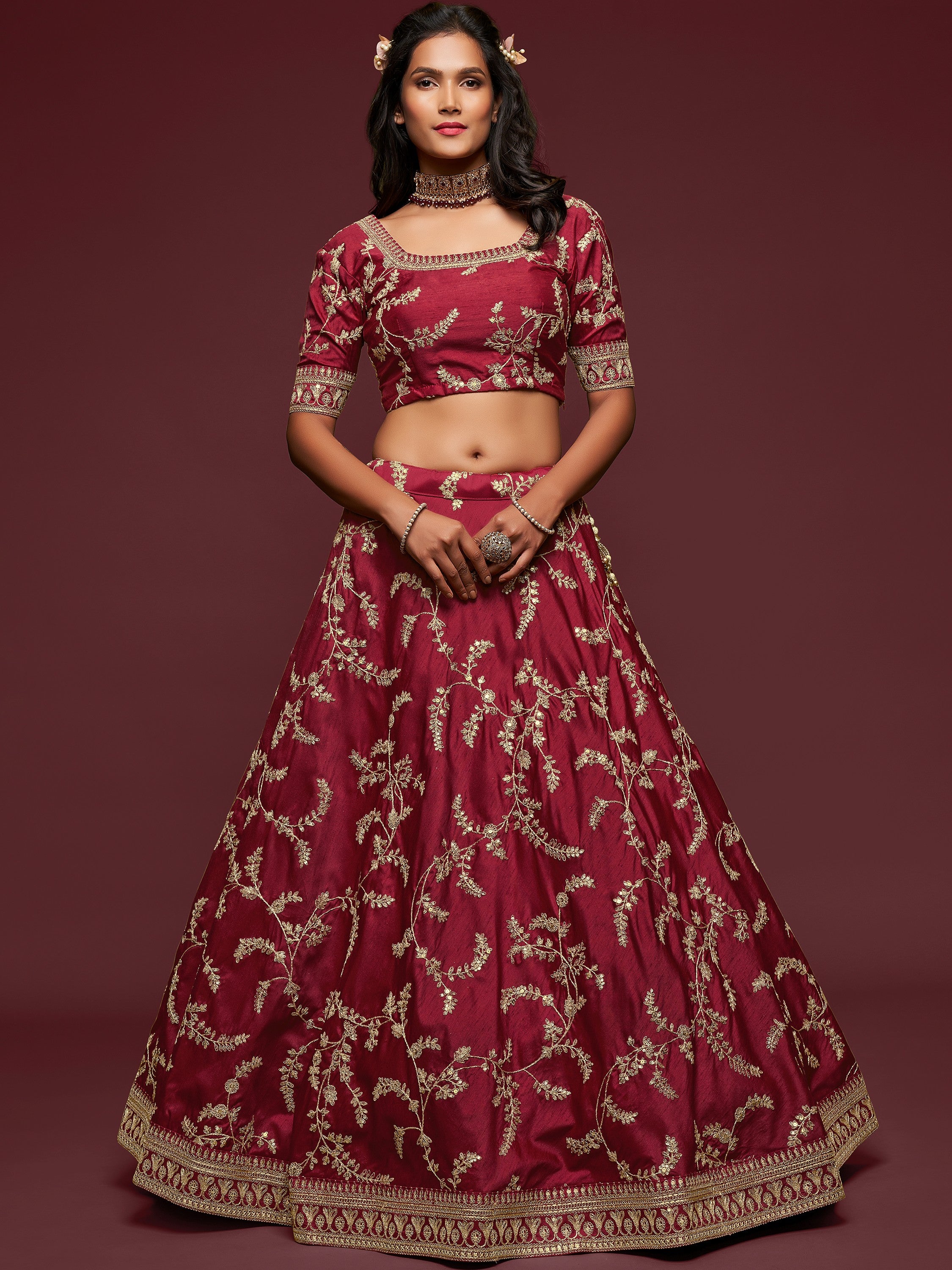 Gorgeous Maroon Embroidered Silk Wedding Wear Plus Size Lehenga Choli
