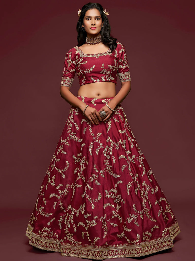 Maroon Thread Embroidery Art Silk Wedding Wear Lehenga Choli