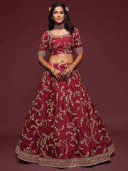 Maroon Thread Embroidery Art Silk Wedding Wear Lehenga Choli
