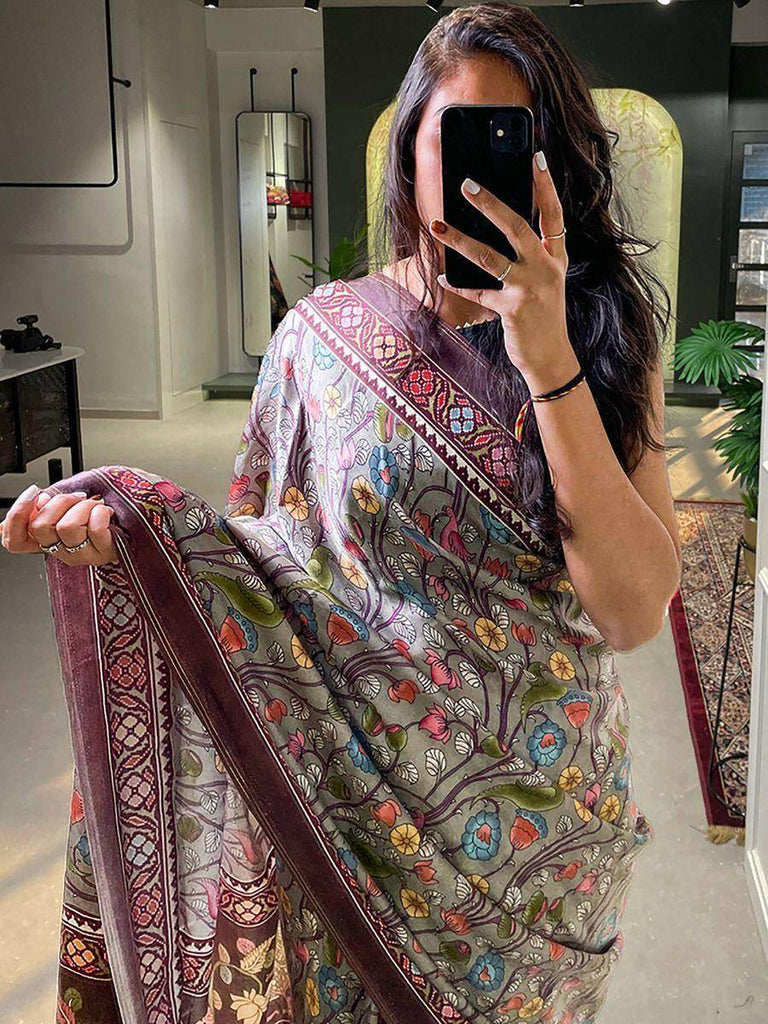 Beauteous Grey Madhubani Printed Gajji Silk Marriage Wear Saree With Blouse