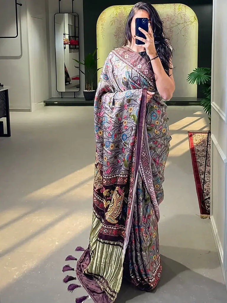 Beauteous Grey Madhubani Printed Gajji Silk Marriage Wear Saree With Blouse