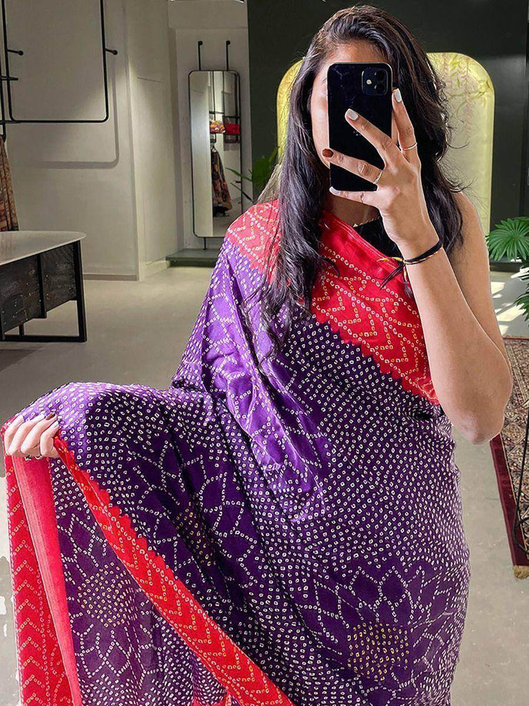 Charming Purple Bandhani Print Gajji Silk Festival Saree With Blouse