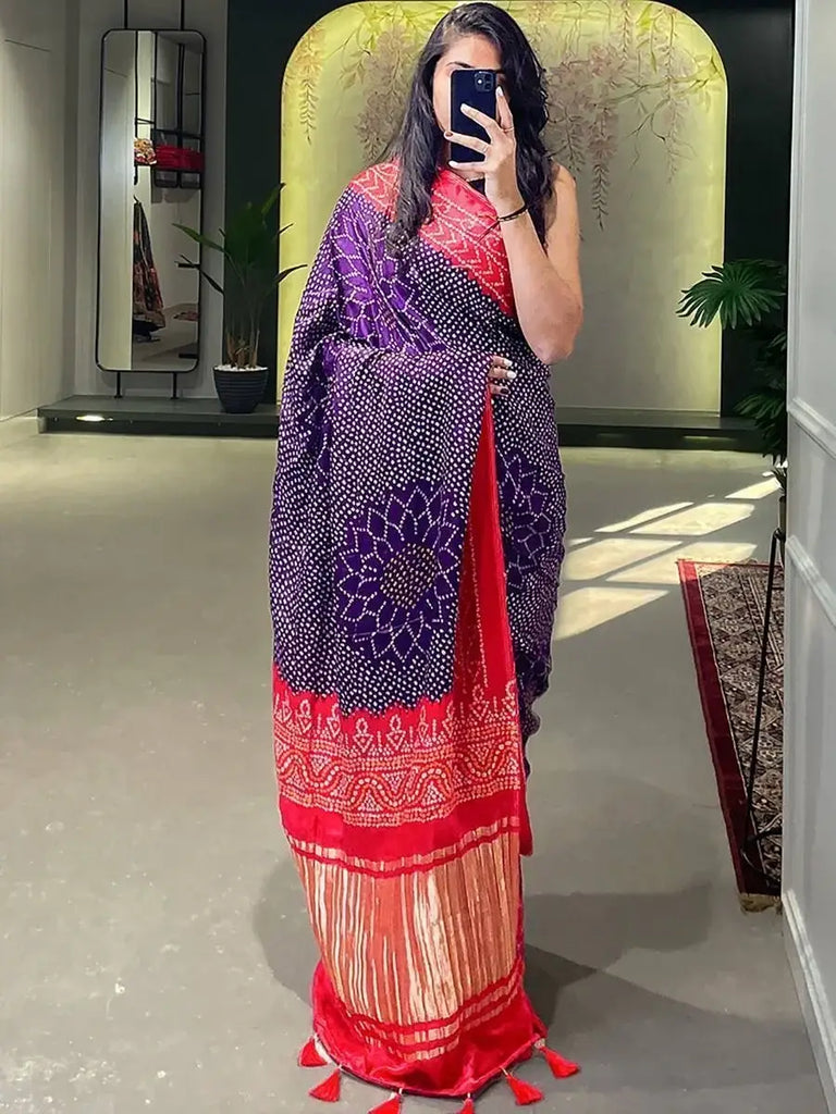 Charming Purple Bandhani Print Gajji Silk Festival Saree With Blouse