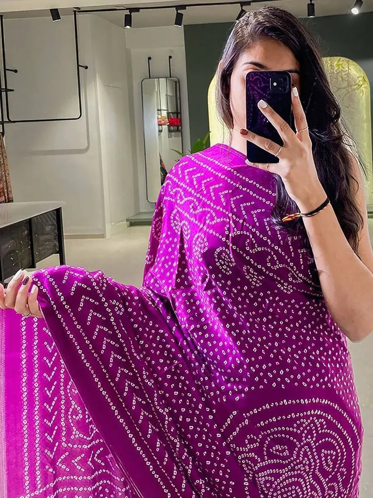 Appealing Wine Bandhani Print Gajji Silk Wedding Wear Saree With Blouse