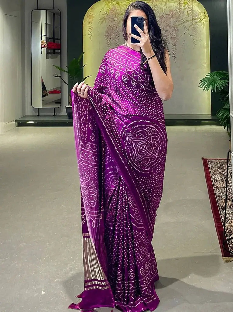 Appealing Wine Bandhani Print Gajji Silk Wedding Wear Saree With Blouse