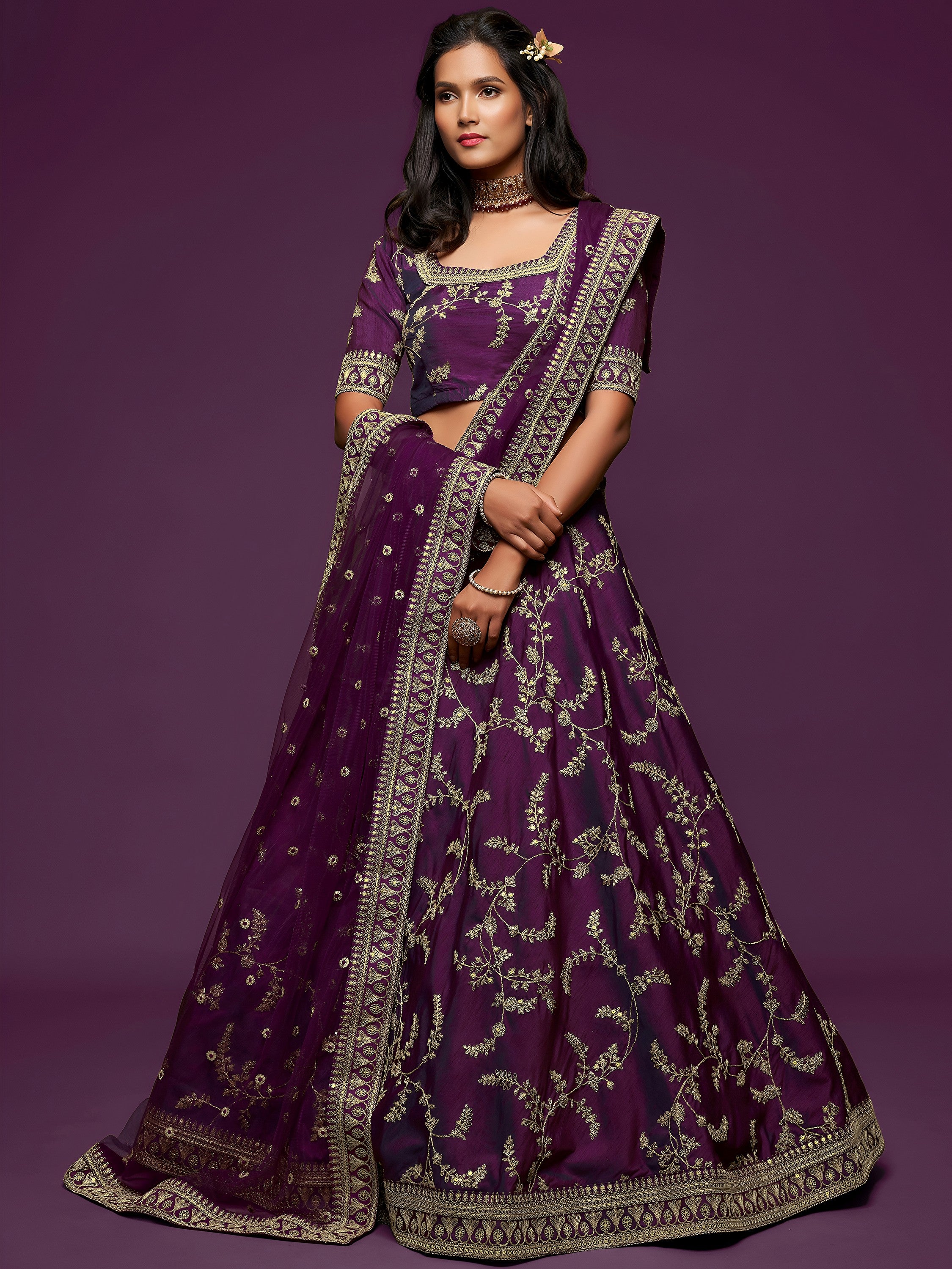 Graceful Purple Embroidered Silk Function Wear Plus Size Lehenga Choli