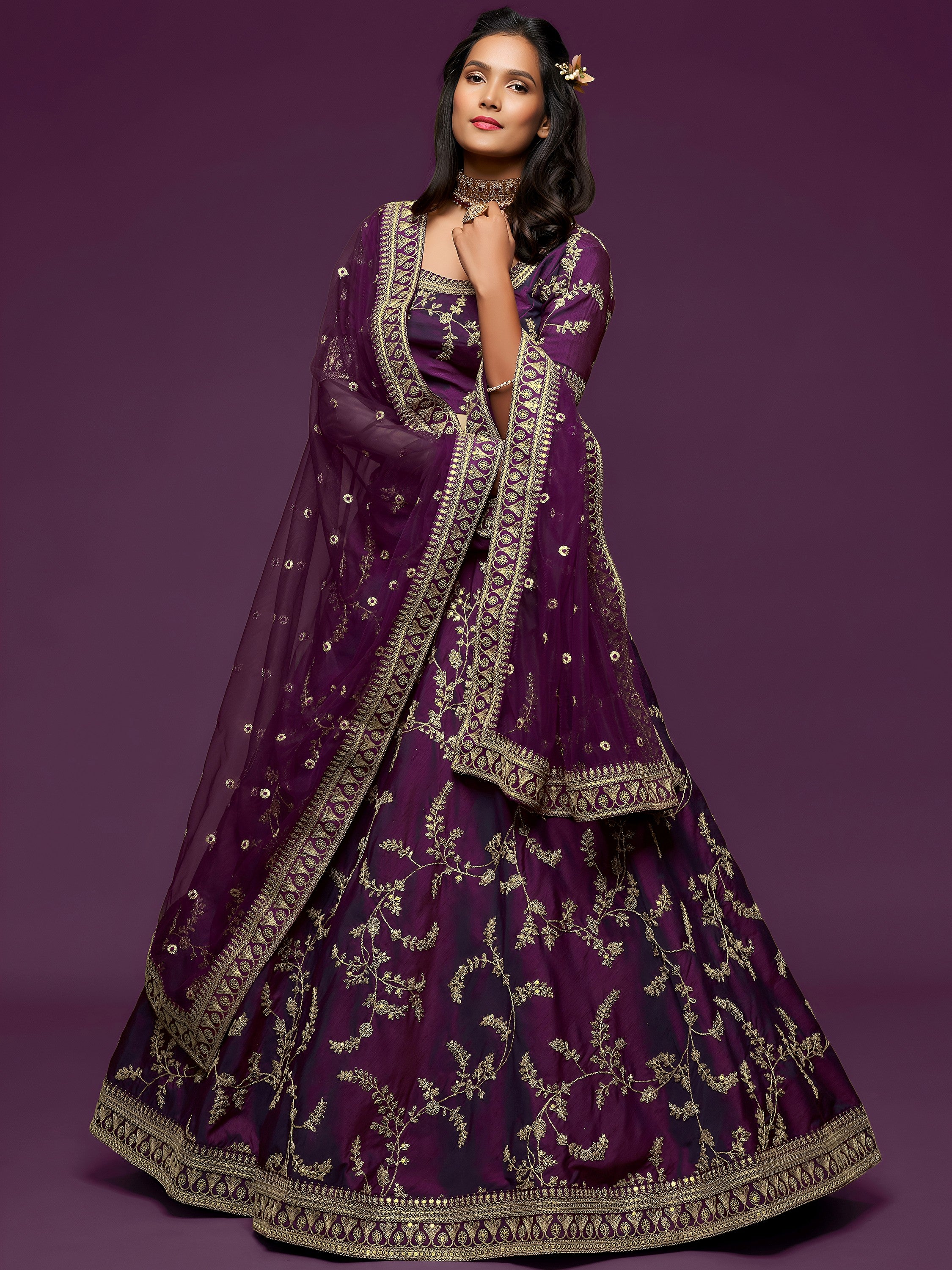 Graceful Purple Embroidered Silk Function Wear Plus Size Lehenga Choli