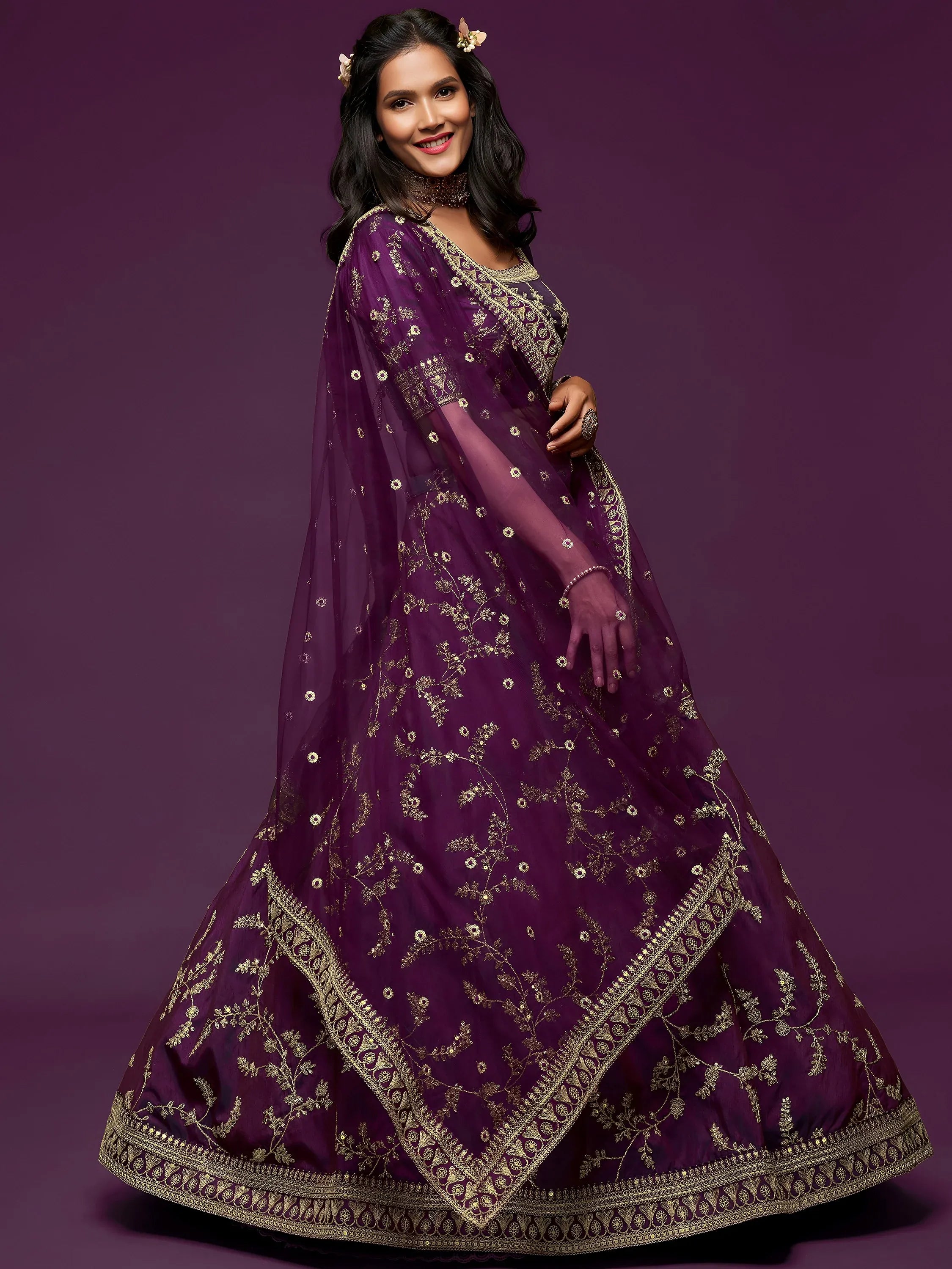 Graceful Purple Embroidered Silk Function Wear Plus Size Lehenga Choli