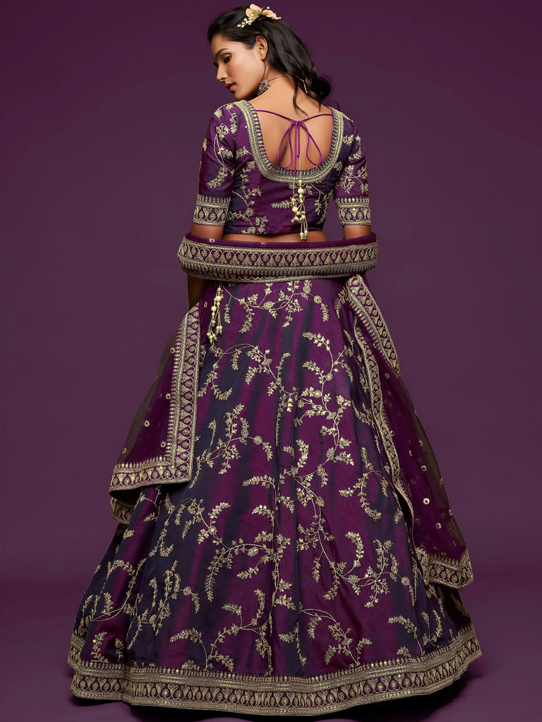 Graceful Purple Embroidered Silk Function Wear Plus Size Lehenga Choli
