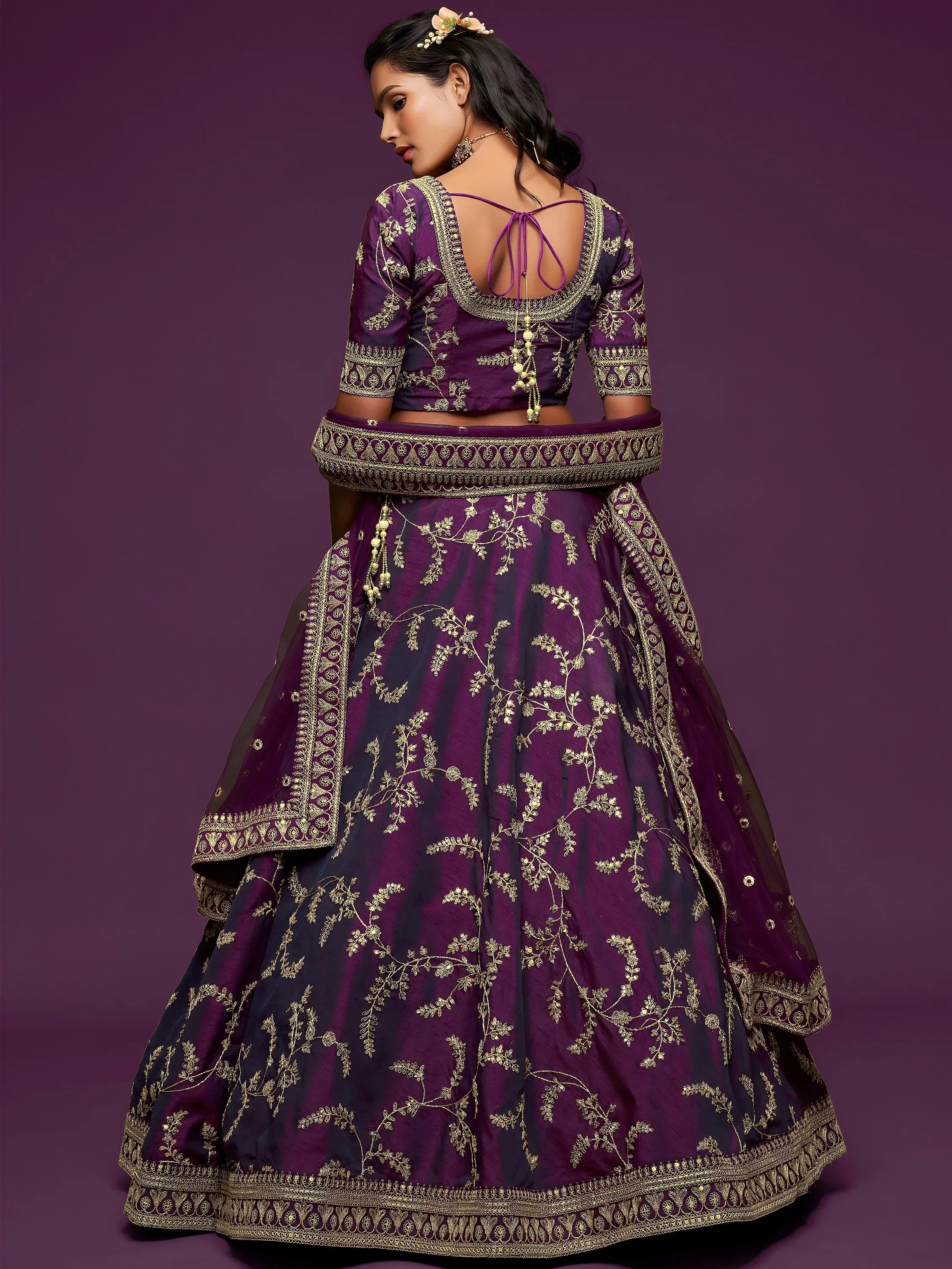 Graceful Purple Embroidered Silk Function Wear Plus Size Lehenga Choli