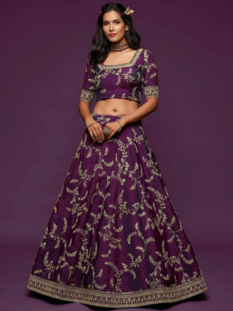 Graceful Purple Embroidered Silk Function Wear Plus Size Lehenga Choli