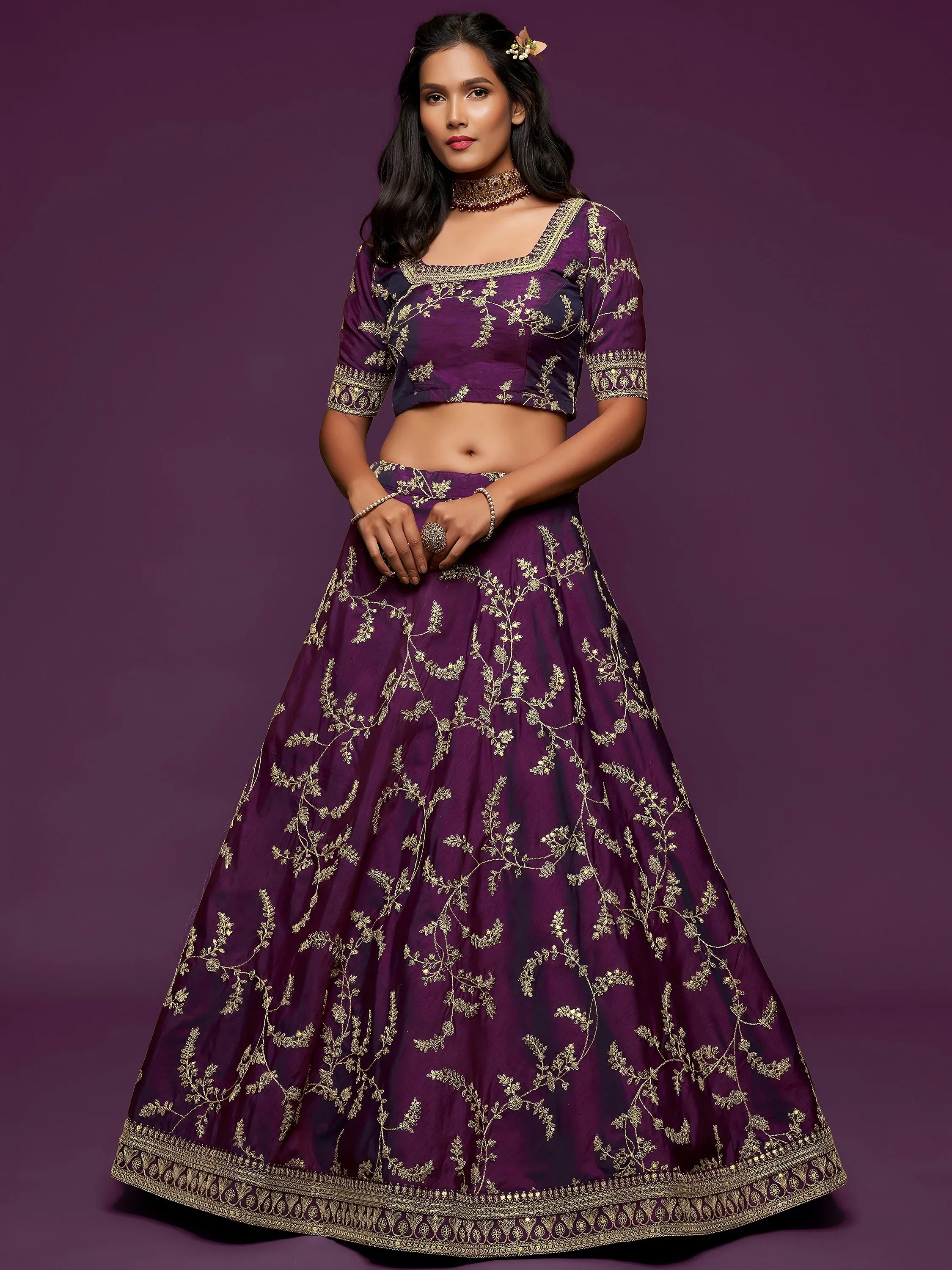 Graceful Purple Embroidered Silk Function Wear Plus Size Lehenga Choli