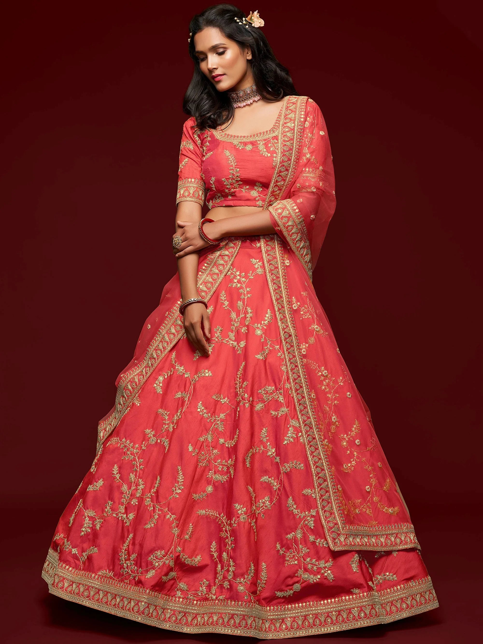 Captivating Red Embroidered Silk Sangeet Wear Plus Size Lehenga Choli
